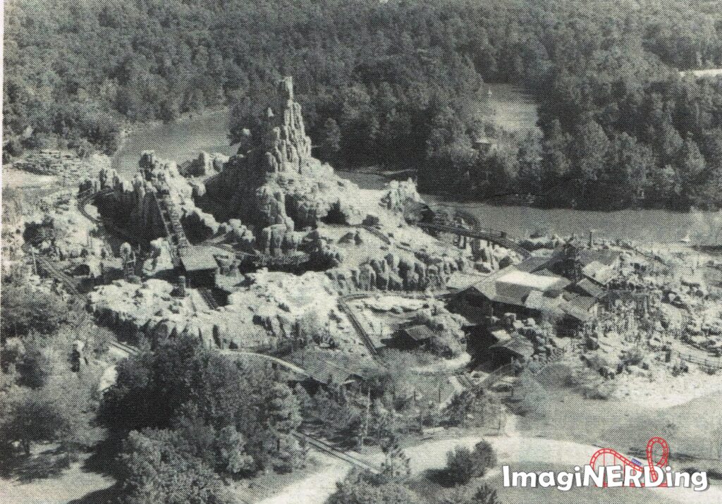 An arial photograph of the Big Thunder Mountain Railroad attraction complex at the Magic Kingdom at Walt Disney World. It is a black and white photo featured in the Eyes & Ears Castmember newsletter from November 14, 1980.