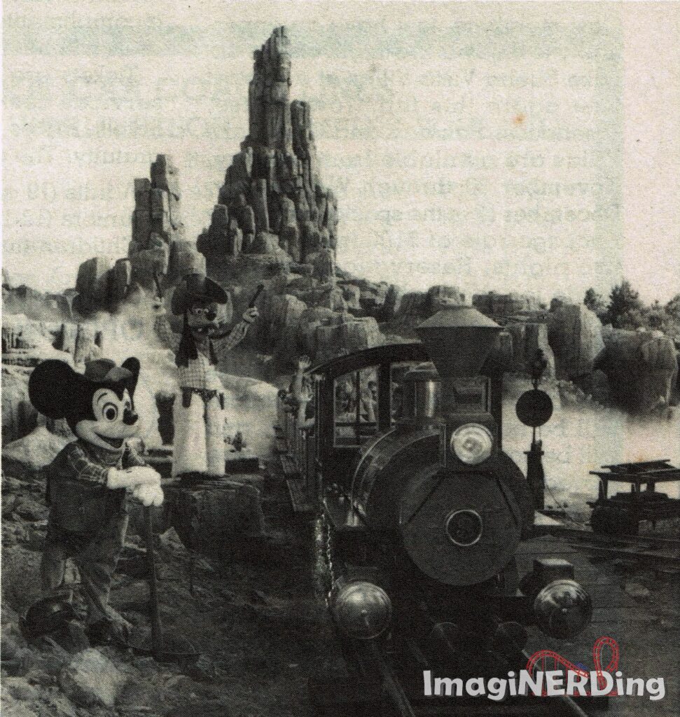 A photo from the 1980 Eyes & Ears newsletter featuring Mickey Mouse dressed as a miner and Goofy dressed as a cowboy next to one of the engines for the Big Thunder Mountain Railroad attraction at the Magic Kingdom.